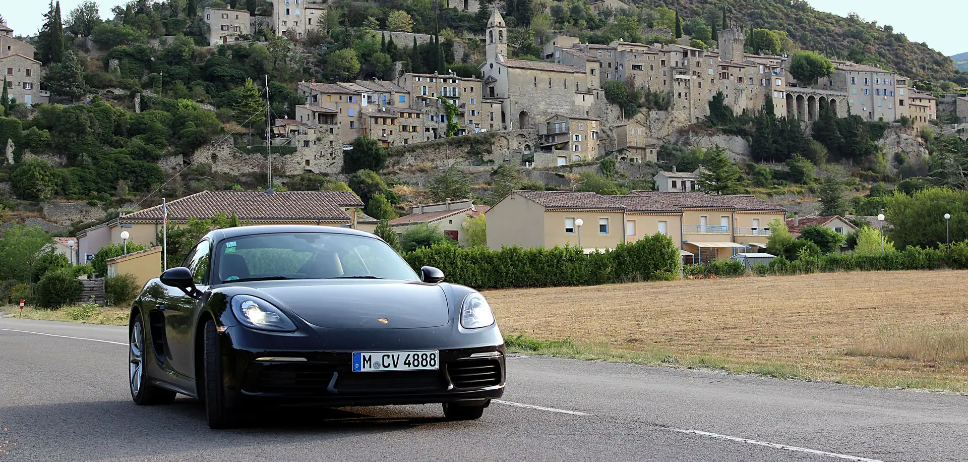 On the road in France with the Cayman.